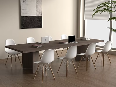 Large Dark Wooden Conference Table With White Chairs Laptop And Books On Wooden Floor 3d model