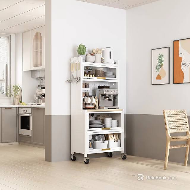 White Rolling Kitchen Storage Shelf With Dishes Cups Coffee Maker And Potted Plants 3d model