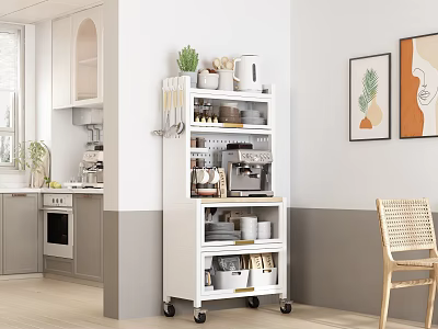 White Rolling Kitchen Storage Shelf With Dishes Cups Coffee Maker And Potted Plants 3d model
