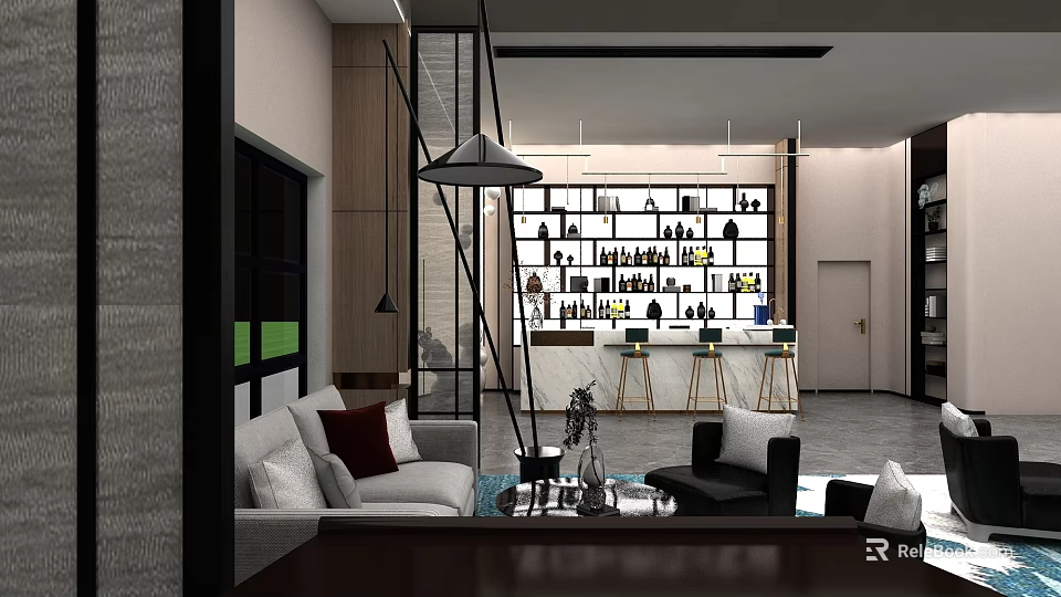 Modern Lounge Area Interior Design With Sofa Coffee Table Display Shelf Pendant Light And Seating 3d model