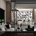 Modern Lounge Area Interior Design With Sofa Coffee Table Display Shelf Pendant Light And Seating 3d model