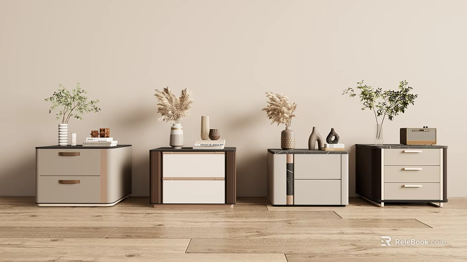 Stylish Bedside Tables With Various Designs And Decorative Plants On Wooden Floor 3d model 