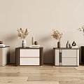 Stylish Bedside Tables With Various Designs And Decorative Plants On Wooden Floor