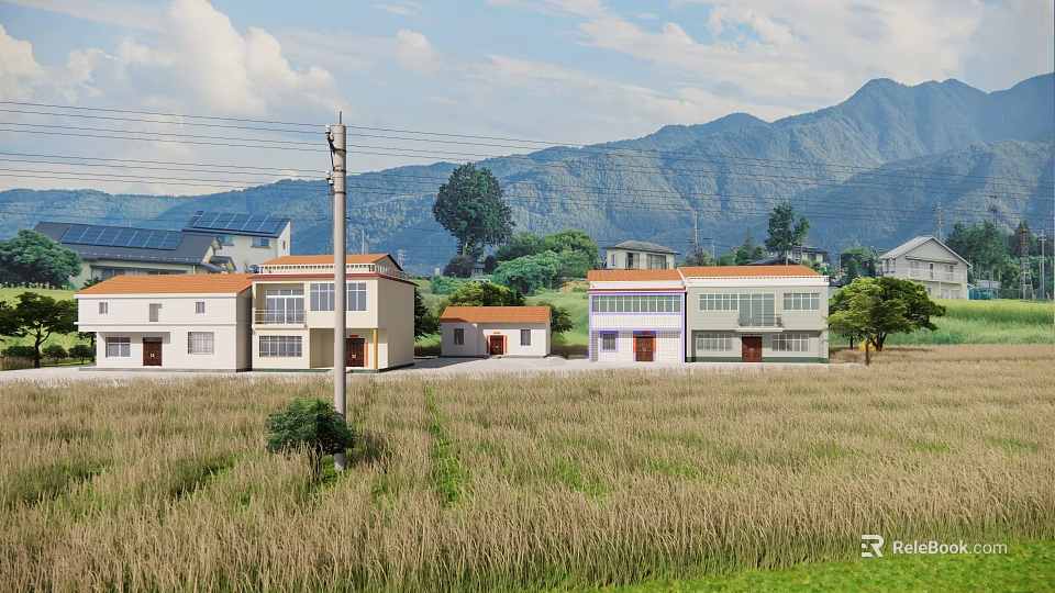 Rural Village View With Houses Solar Panels Wheat Field And Mountain Background 3d model 