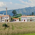 Rural Village View With Houses Solar Panels Wheat Field And Mountain Background