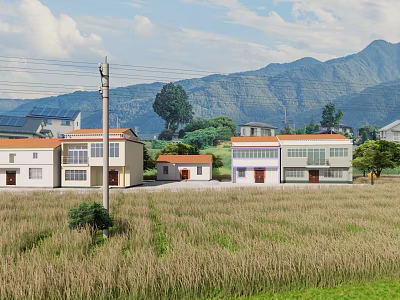 Rural Village View With Houses Solar Panels Wheat Field And Mountain Background 3d model