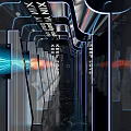 Futuristic Public Restroom Design With Red Lighting Circular Fixtures And Double Sinks