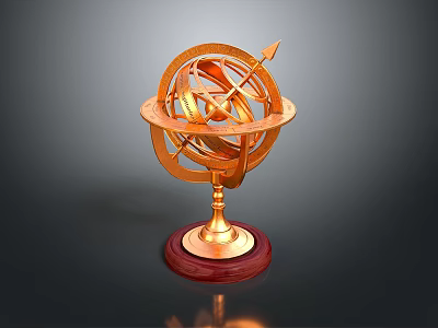 Golden Armillary Sphere Decorative Model With Rings Pointer And Red Wooden Base 3d model