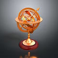 Golden Armillary Sphere Decorative Model With Rings Pointer And Red Wooden Base
