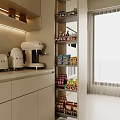 Modern Kitchen With Light Colored Cabinets Appliances And Woman Walking By