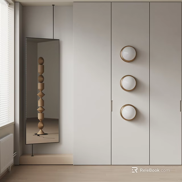 Modern Interior With Three Round Wall Lights On Light Colored Cabinet Wall 3d model