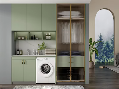 Modern Green Bathroom Cabinet With Washing Machine Transparent Glass Door And Toiletries 3d model