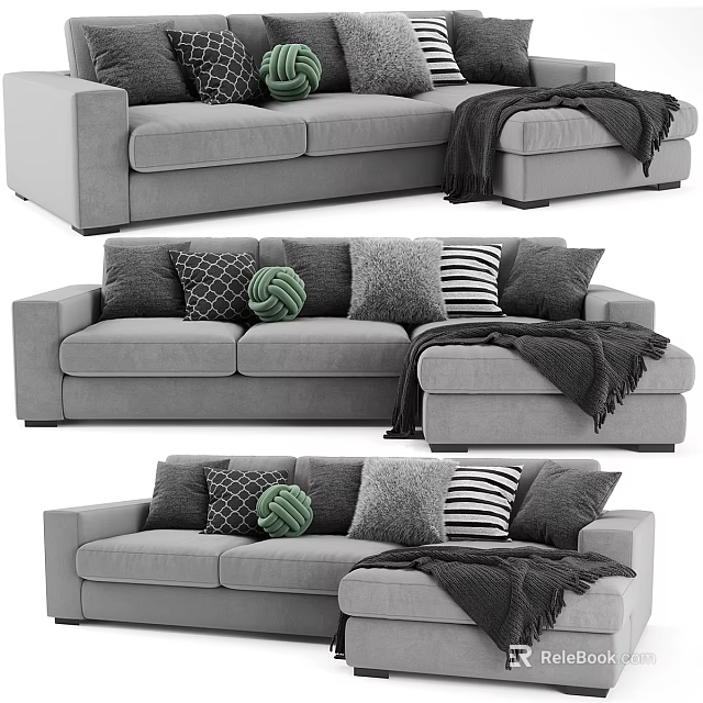 Modern Gray Double Sofa Design With Decorative Pillows And Throw Blanket 3d model