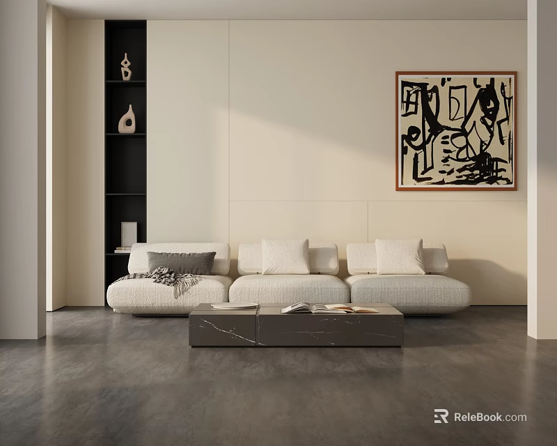 Minimalist Living Room Interior With Beige Three Seater Sofa Coffee Table And Abstract Painting 3d model 