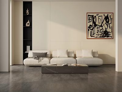 Minimalist Living Room Interior With Beige Three Seater Sofa Coffee Table And Abstract Painting 3d model