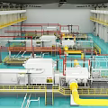 Industrial Manufacturing Plant Interior Featuring Large Machinery Yellow Railings And Red Frames
