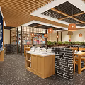 Modern Wooden Restaurant Interior With Warm Pendant Lights Wooden Tables Chairs And Screen Partitions