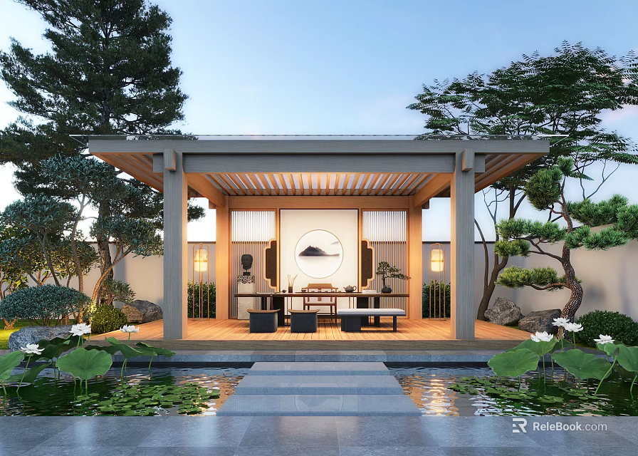 Traditional Courtyard Garden Design With Wooden Pavilion Stone Pathway Lotus Pond And Green Trees 3d model 