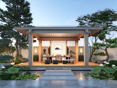 Traditional Courtyard Garden Design With Wooden Pavilion Stone Pathway Lotus Pond And Green Trees 3d model
