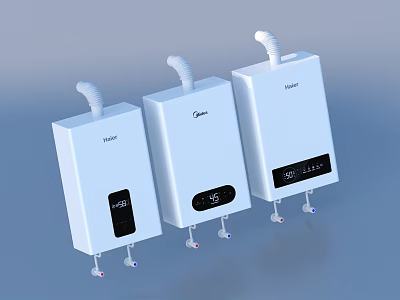 Three White Water Heaters With Digital Displays And Brand Logos Haier Midea 3d model