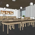 Bright Kindergarten Classroom With Wooden Tables Chairs Green Blackboard And Potted Plants
