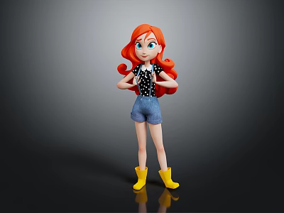 Game Movie Character With Red Hair Black Polka Dot Top Blue Denim Shorts Yellow Boots 3d model
