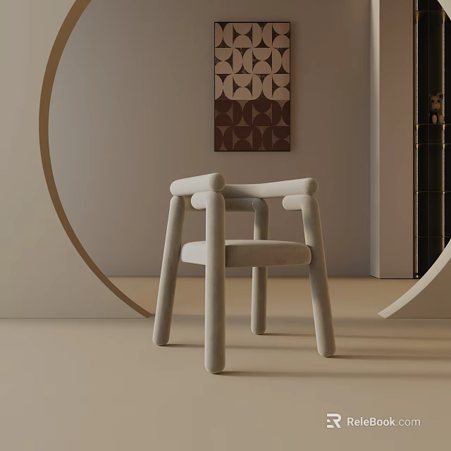 Modern Beige Upholstered Dining Chair With Curved Armrests And Geometric Wall Art 3d model 