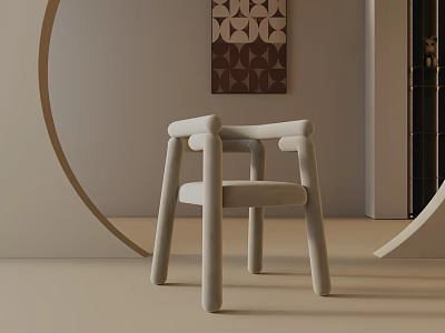 Modern Beige Upholstered Dining Chair With Curved Armrests And Geometric Wall Art 3d model