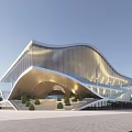 Modern Architectural Building With Curved Roof Glass Facade And Water Reflection In Surrounding Landscape