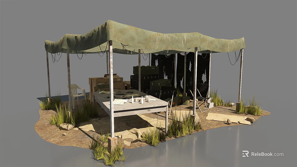 Outdoor Green Canvas Tent Structure With Table Equipment Grass And Stones 3d model 