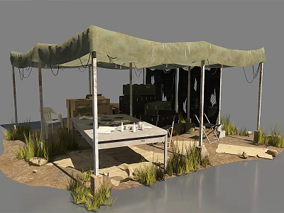 Outdoor Green Canvas Tent Structure With Table Equipment Grass And Stones 3d model