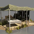 Outdoor Green Canvas Tent Structure With Table Equipment Grass And Stones