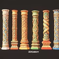 Ornate Architectural Columns With Various Intricate Patterns And Colorful Designs