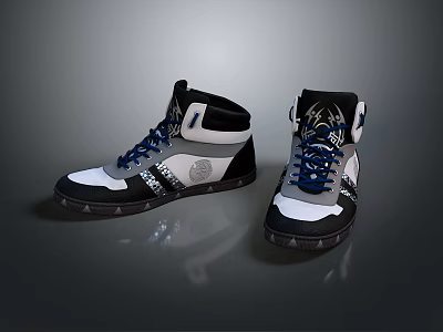 High Top Black White Sneakers With Blue Laces And Stylish Design 3d model