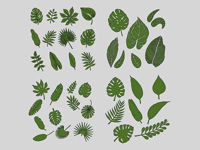 Green Leaf Plant Themed Decorative Ornament Set With Various Tropical Leaves 3d model