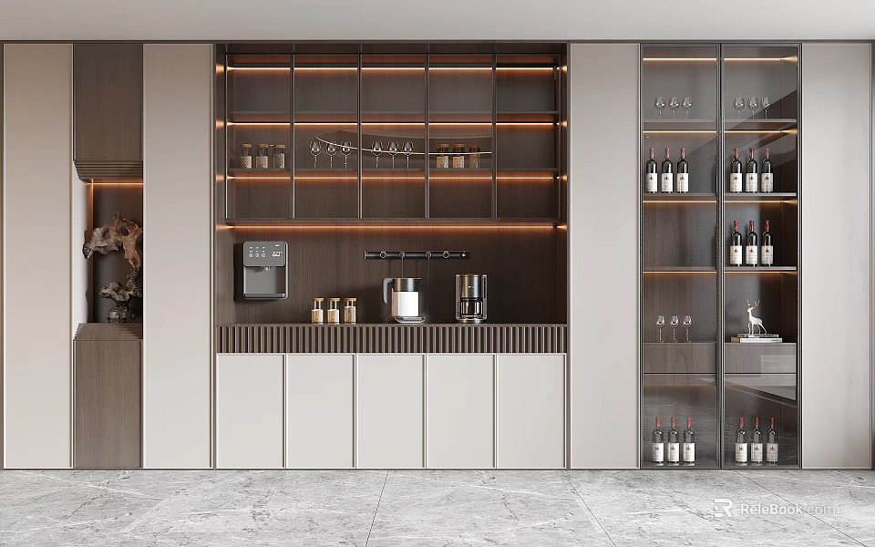 Modern Wine Cabinet Interior Design With Glass Doors LED Lighting And Wine Bottles 3d model 