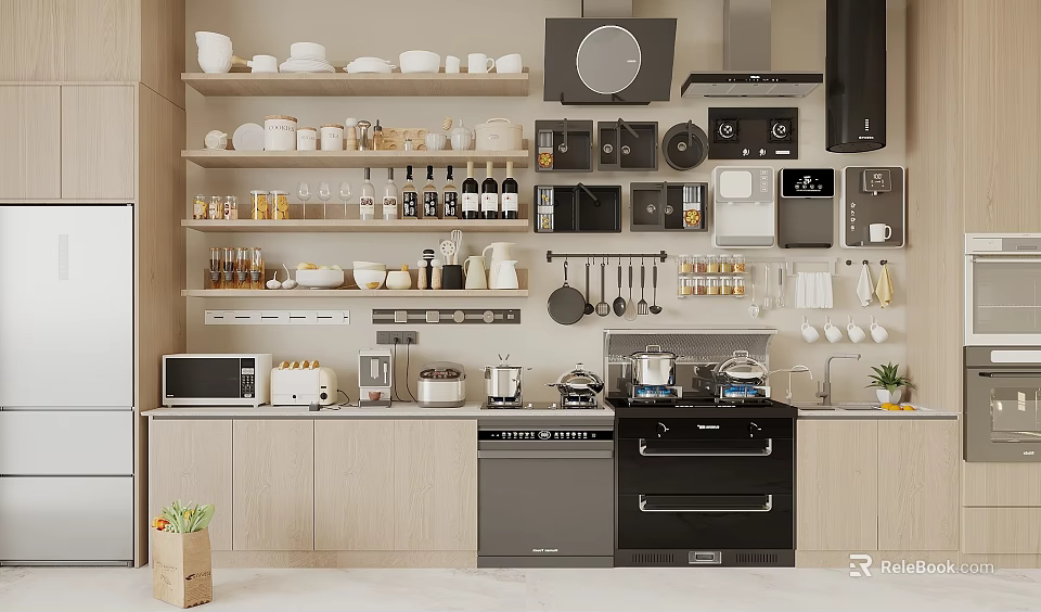 Modern Open Kitchen Interior With Various Countertop Appliances And Storage Cabinets 3d model