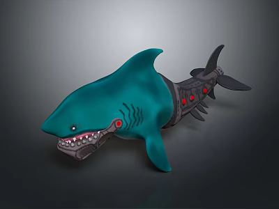 Teal Colored Mechanical Shark With Red Lights And Mechanical Parts On Dark Background 3d model