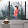 Woman Wearing Red Coat Holding Umbrella Standing By Window With Forest Outside And Fireplace Inside