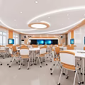 Modern School Classroom Interior With Bright Desks Chairs And Digital Learning Screens