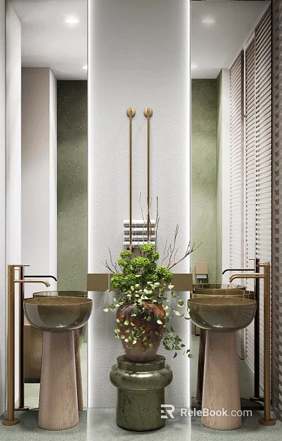 Elegant Bathroom Vanity With Double Round Sinks Gold Faucets Green Plant And Textured Wall 3d model 