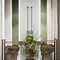 Elegant Bathroom Vanity With Double Round Sinks Gold Faucets Green Plant And Textured Wall