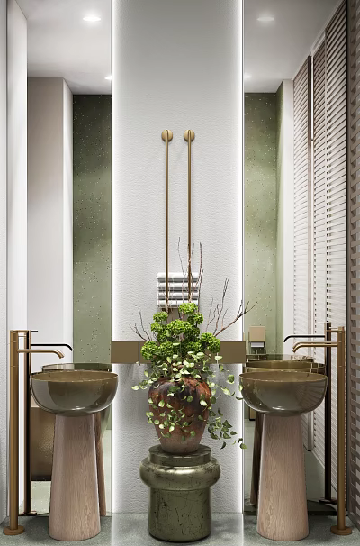 Elegant Bathroom Vanity With Double Round Sinks Gold Faucets Green Plant And Textured Wall 3d model