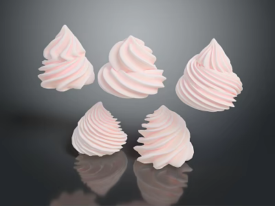 Five Pink Meringues With Swirled Texture On Dark Background And Reflections 3d model