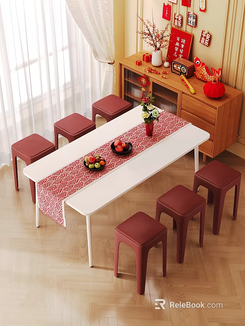 Six Red Stools Around White Table With Red Table Runner Fruit And Vase 3d model 