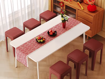Six Red Stools Around White Table With Red Table Runner Fruit And Vase 3d model