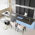 Modern Bar Counter Interior With Black Countertop White Chairs Blue Cabinets And Sink