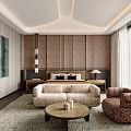 Luxurious Bedroom Interior With Comfortable Bed Sofa Armchair Coffee Table And Green View Outside Window