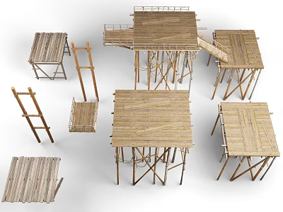 Wooden Scaffolding Platform Structures With Various Designs And Support Frames 3d model