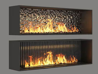 Modern Fireplace Interior Design With Textured And Ribbed Panels Featuring Burning Flames 3d model